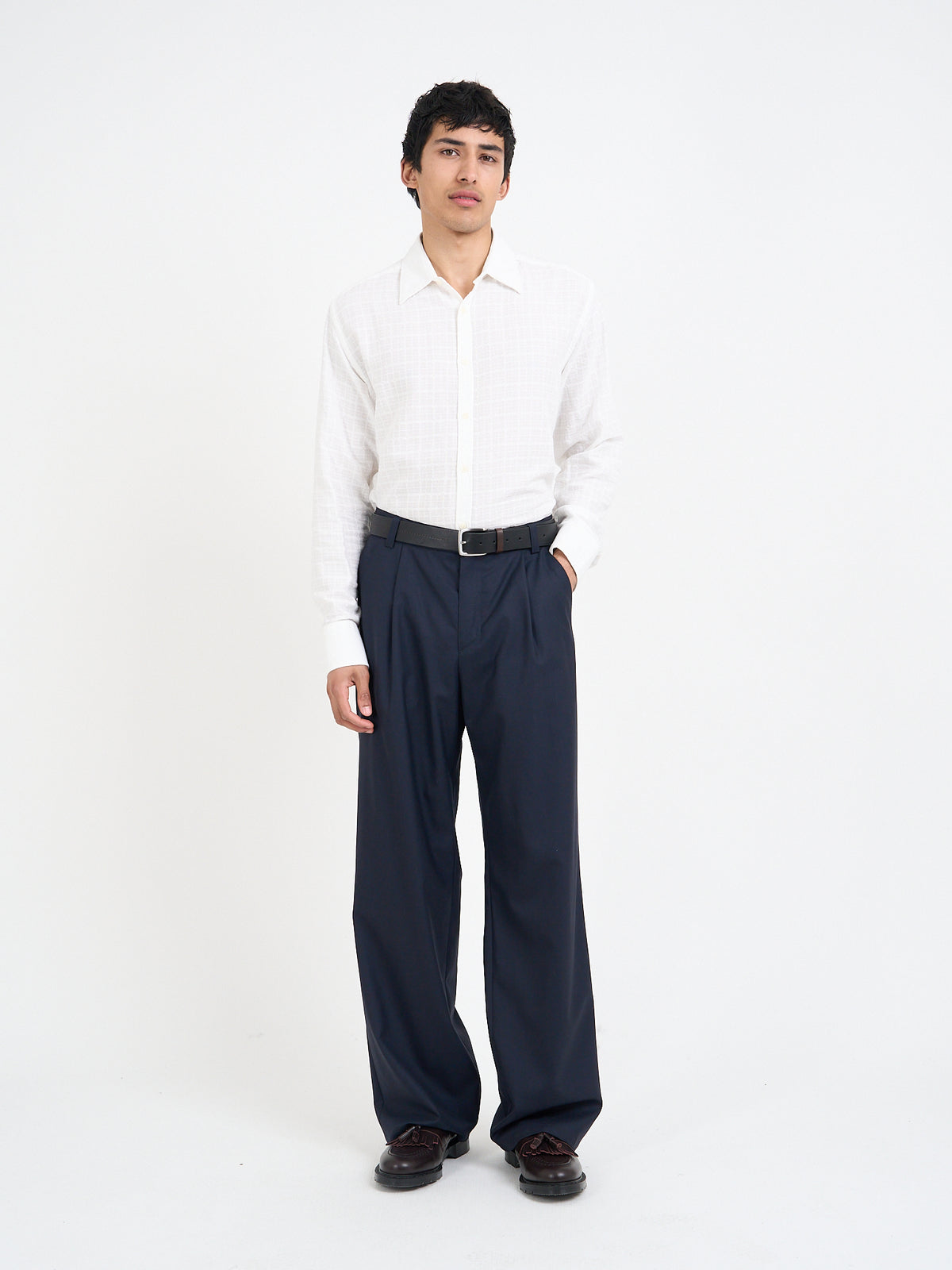 Orsman wide-leg trousers in navy tropical wool, front view