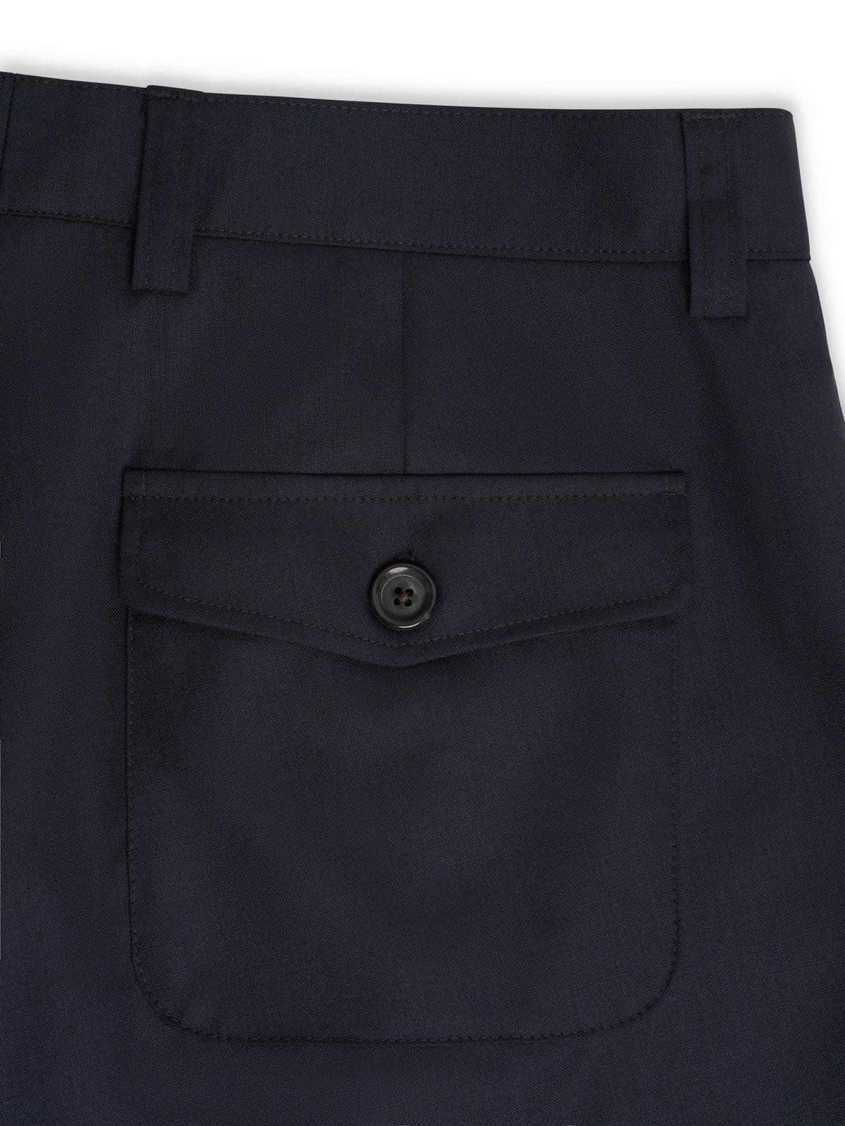 Rear patch pocket detail on Orsman Miro navy wide-leg trousers