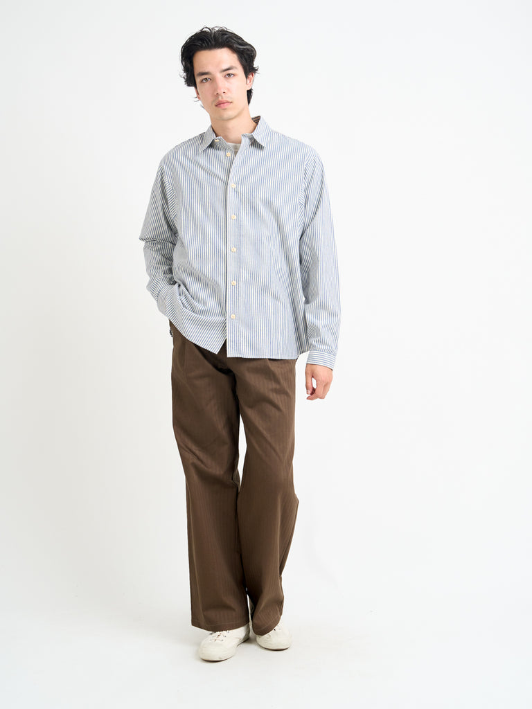 Video of Model wearing Oliver Spencer Oversized Spread Collar Organic Cotton Shirt 